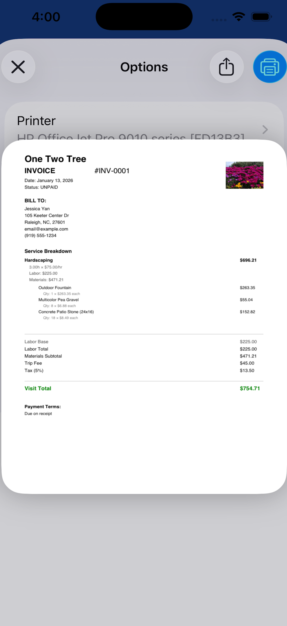 OnSight sample invoice showing services rendered with user branding